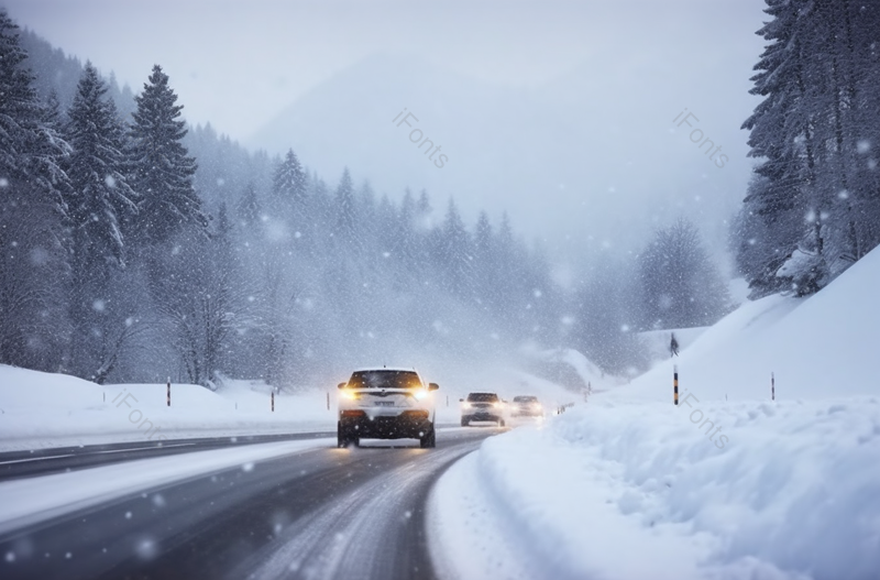 树林公路暴风雪汽车尾灯,高清,摄影图,摄影图片,图片大全,摄影图免费下载